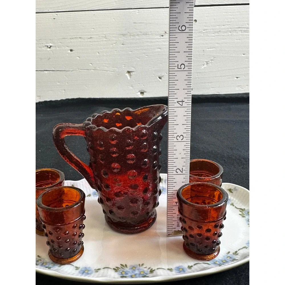 Amber Hobnail Glass Miniature Pitcher and 4 Shot Glasses Set Mid Century